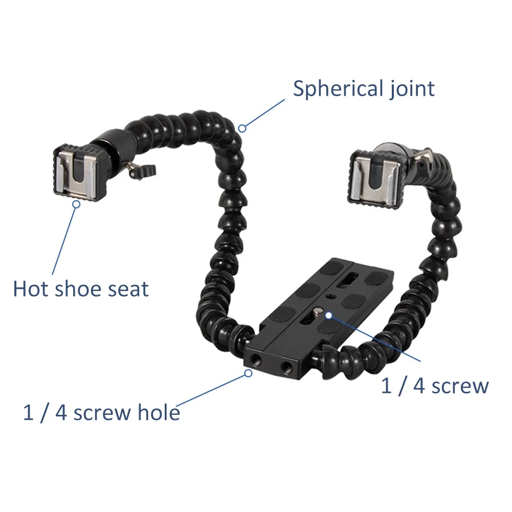 유연한 듀얼 암 핫 슈 플래시 브래킷 마운트 거치대, 캐논 니콘 펜탁스 매크로 샷 카메라 액세서리
