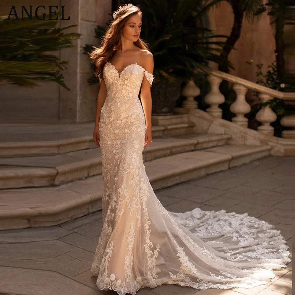 

ANGEL Luxury Mermaid Backless Wedding Gowns for Bride Sweetheart Off Shoulder Sleeve Bride Wedding Dresses Court Train
