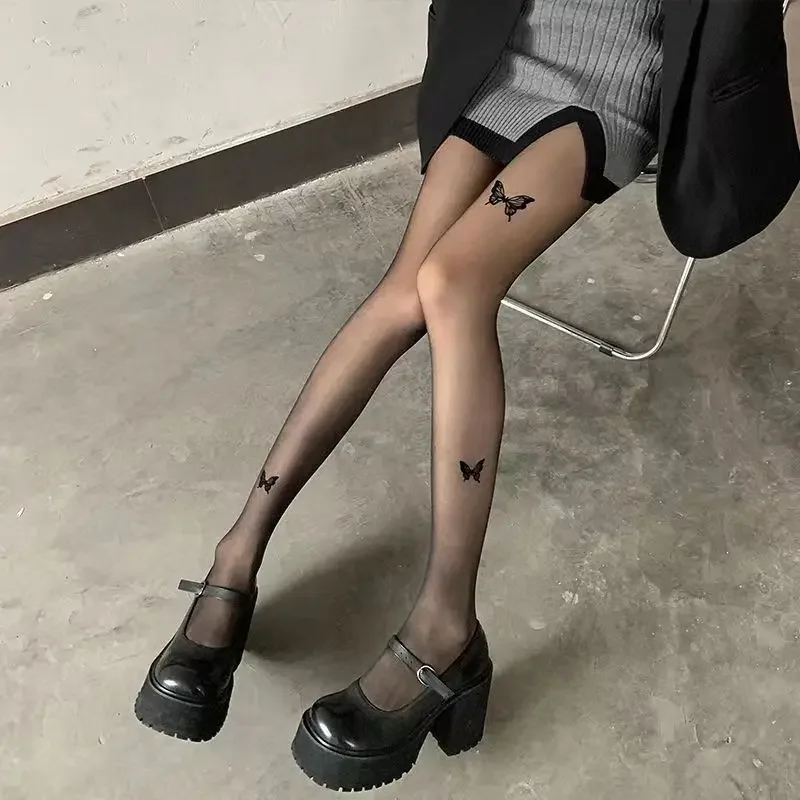 Women Socks Skin Color Tights Ultra-thin Vintage Y2K Fake Tattoo Butterfly Transparent Silk Pantyhose Girls Lolita Summer Stockings
