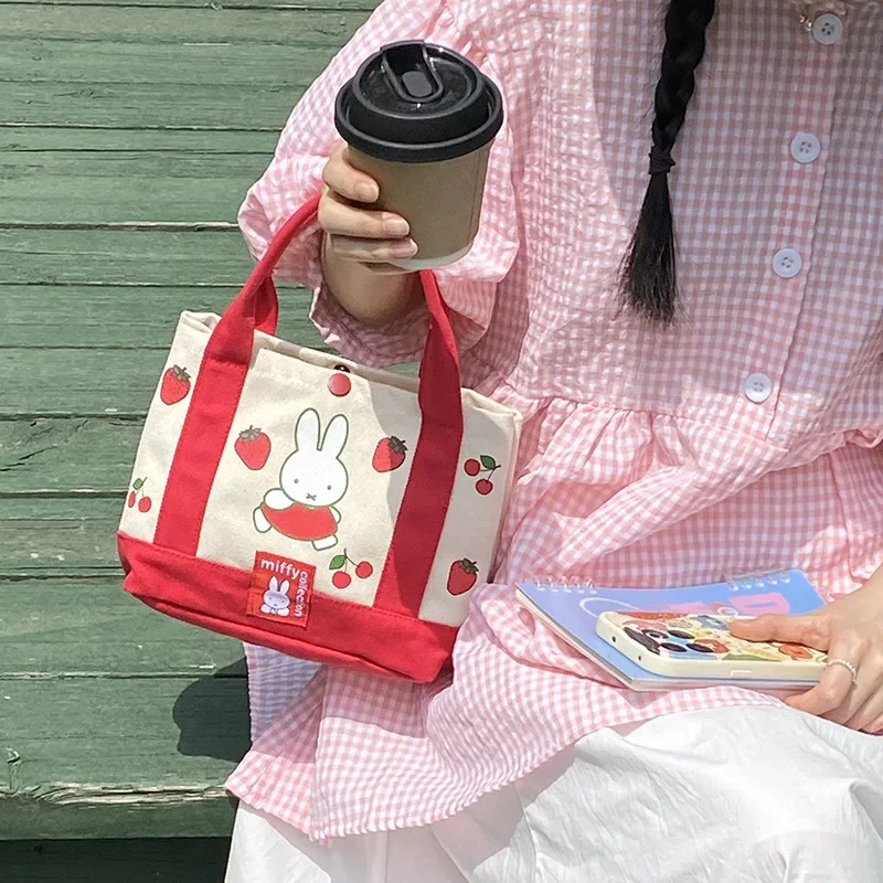 Miffy Handbag Strawberry Series Lovely Kawaii Small Canvas Printing Bag Daily Matching Fashion Portable Tote Package Square Bag