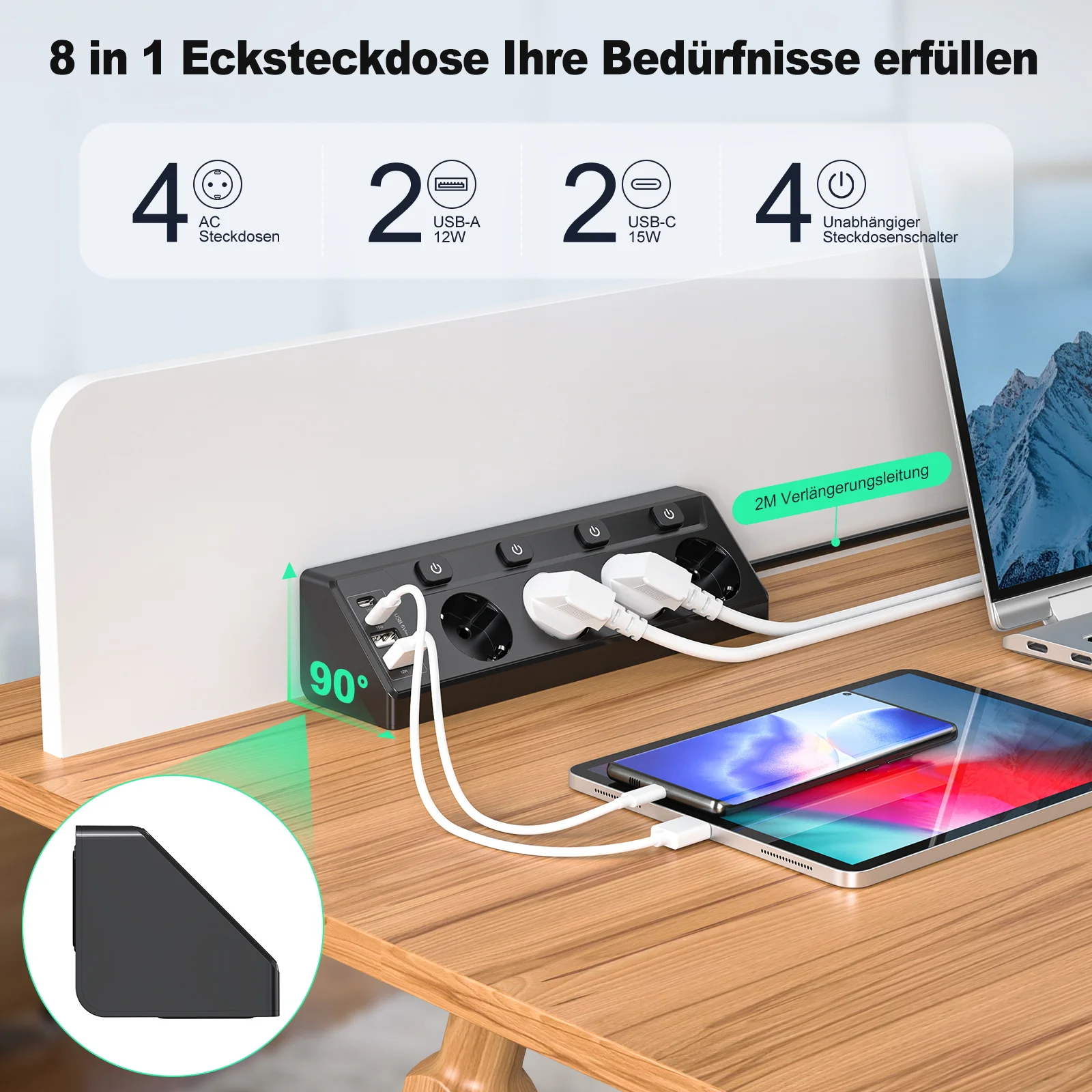 Enhanced Euro Multi-Plug Power Board with USB and Type-C Ports, Corner Sockets, and Surge Protection