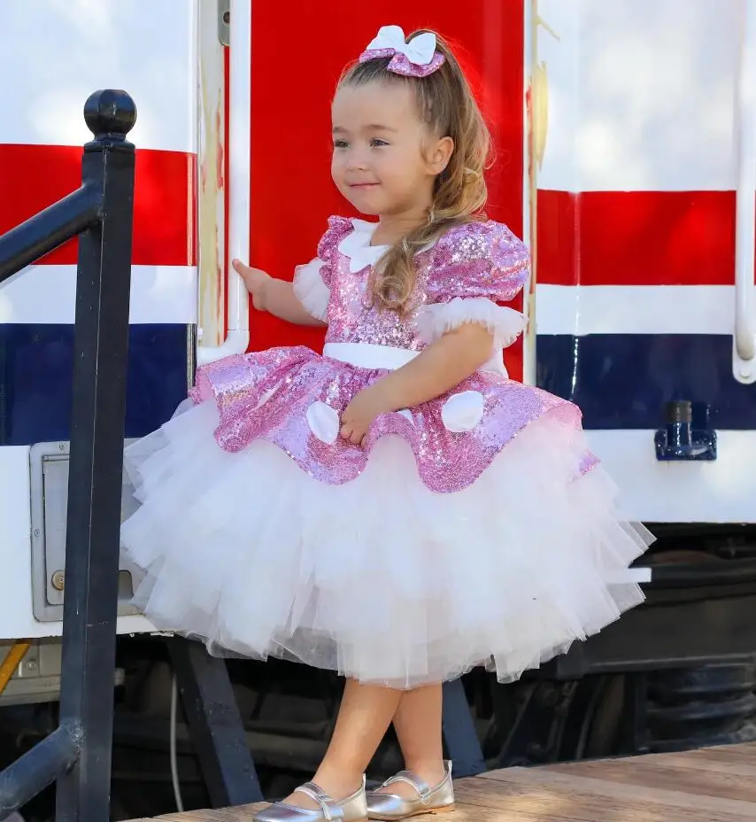 

Pretty Puff Sleeves Princess Birthday Party Dresses Pink Sequins Flower Girl Dresses Bridesmaid Wedding Gowns