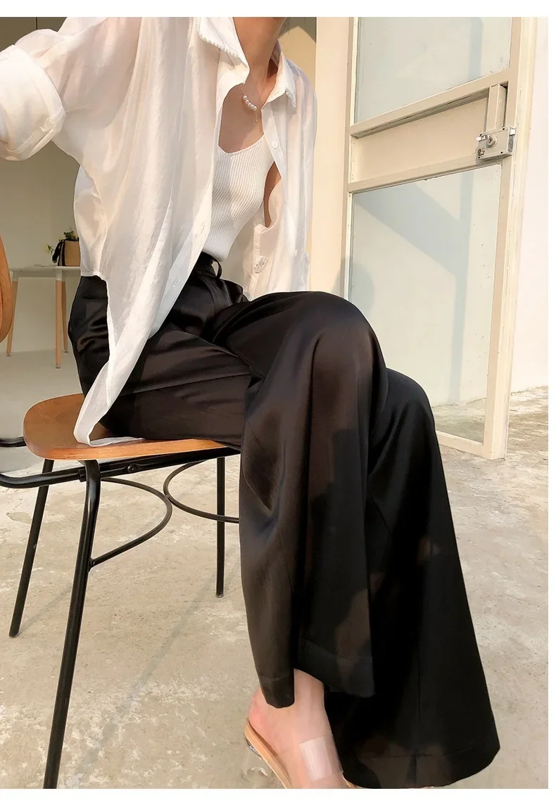 MODX Ice Silk Wide Leg Pants Women's Summer Thin High Waist Draping Suit Straight Tube New Imitation Acetic Acid Satin Pants
