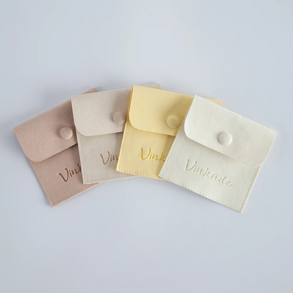 50 Personalized Logo Size Microfiber Jewelry Gift Pouch Velvet Snap Button Rings Earrings Packaging Organizer Wedding Favors Bag