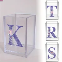 Make Up Organizer Box Acrylic Pencil Pen Holder Desk Holder Initial Name Purple Flower 26 Letters Pattern Makeup Brush Storage 1