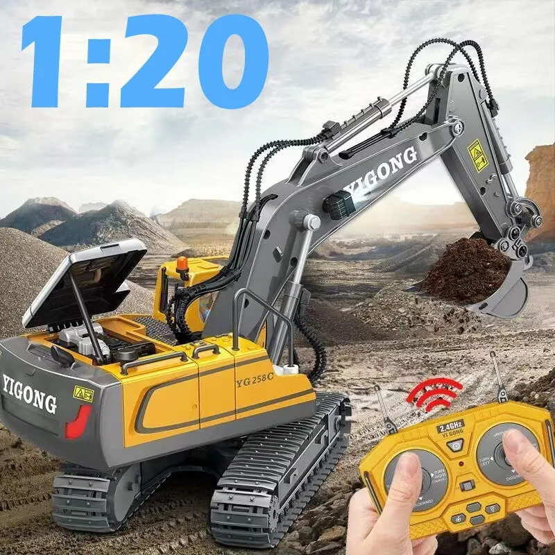 Banaone Excavadora De Juguete Teledirigida – 11 Canales, Escala 1:20, Rotación De 680°, Con 2 Baterías Recargables, Luces Y Sonido, Regalo Para Niños Y Niñas