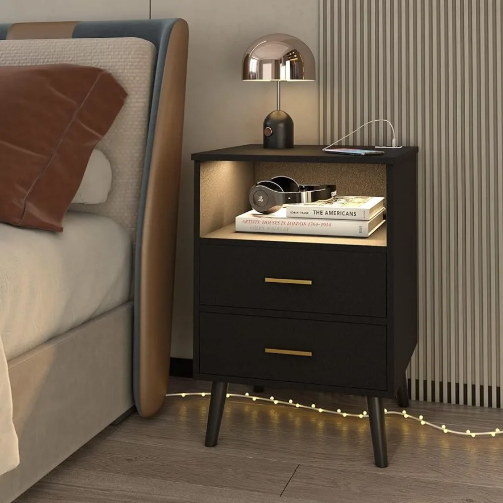 

LVSOMT Black Nightstand with Charging Station and USB Ports, Bed Side Table/Night Stand with 2 Drawers, Night Stands for Bedroom