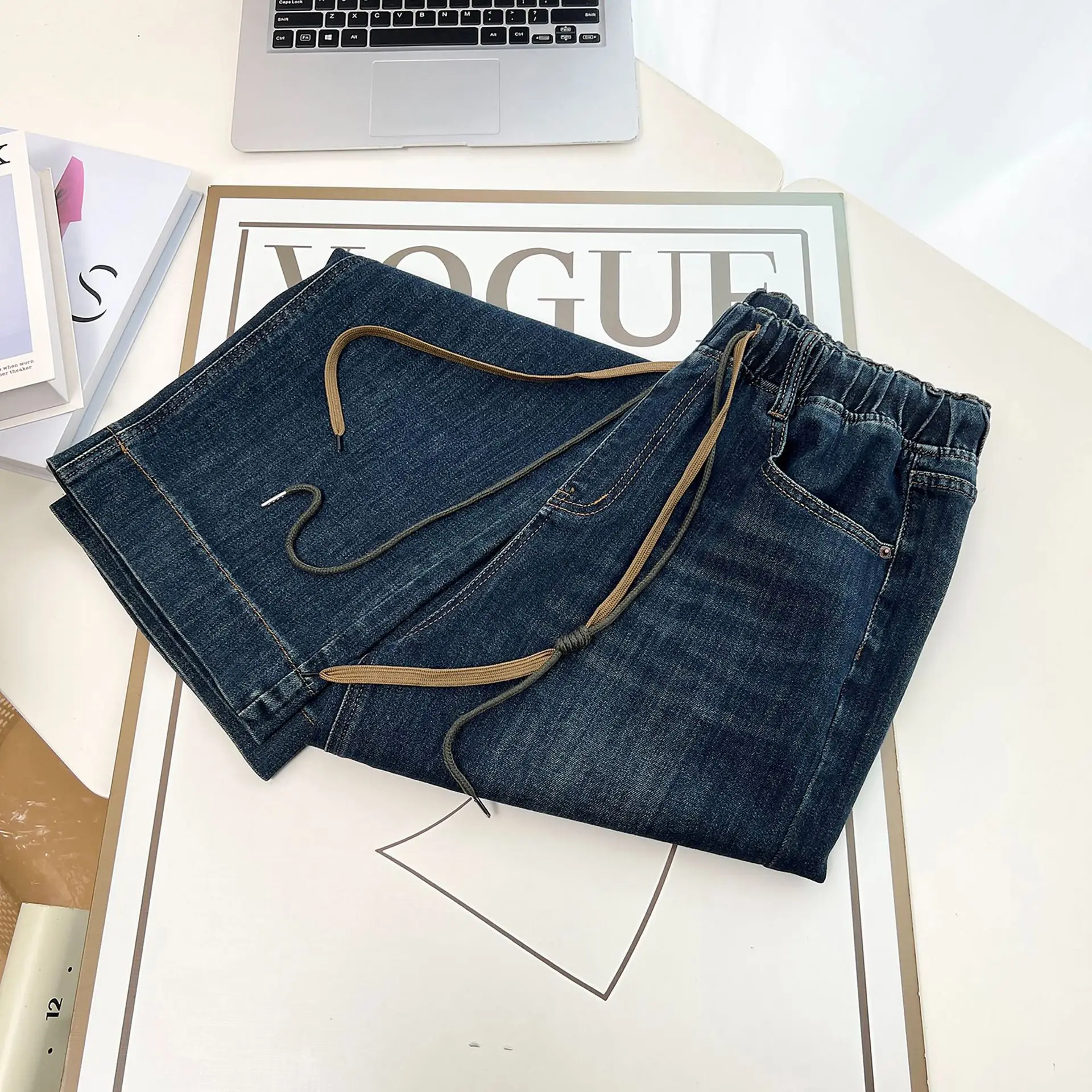 XXXXL Fashion Plus Size Women's Jeans Autumn New Drawstring Waisted Denim Straight Leg Pants Casual Full Length Trousers 1393