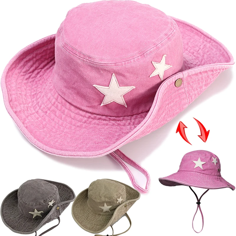 Hot Sale Punk Stars Bucket New Summer Y2K Star Pink Retro Big Brim Outdoors Sun Protection Girl Cowboy Hat Casual Jazz Cap_senzul.com