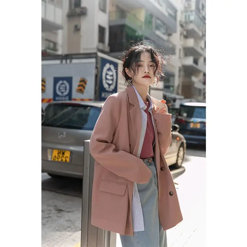 Women's Vintage Double Breasted Long Sleeve Pocket Blazer, Korean Jacket, Casual, Pink, Street Fashion, 2024