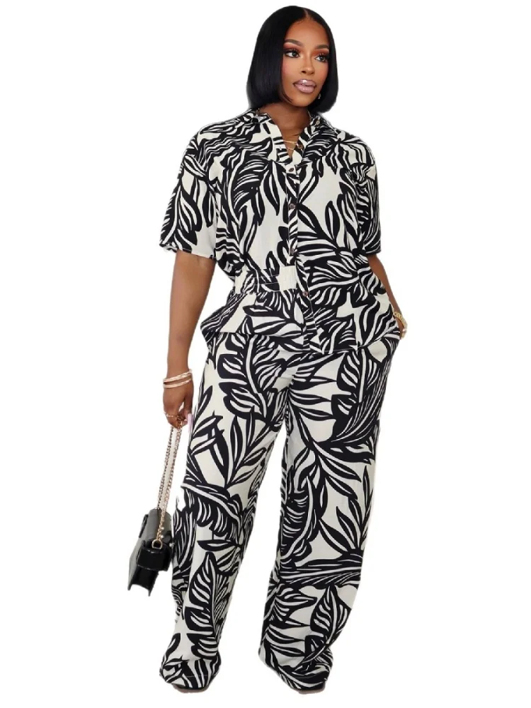 Wmstar Two Piece Sets Women Wholesale  Printed  Short Sleeve Top High Waist Elastic Wide Leg Trousers Suit Matching Suit Summer