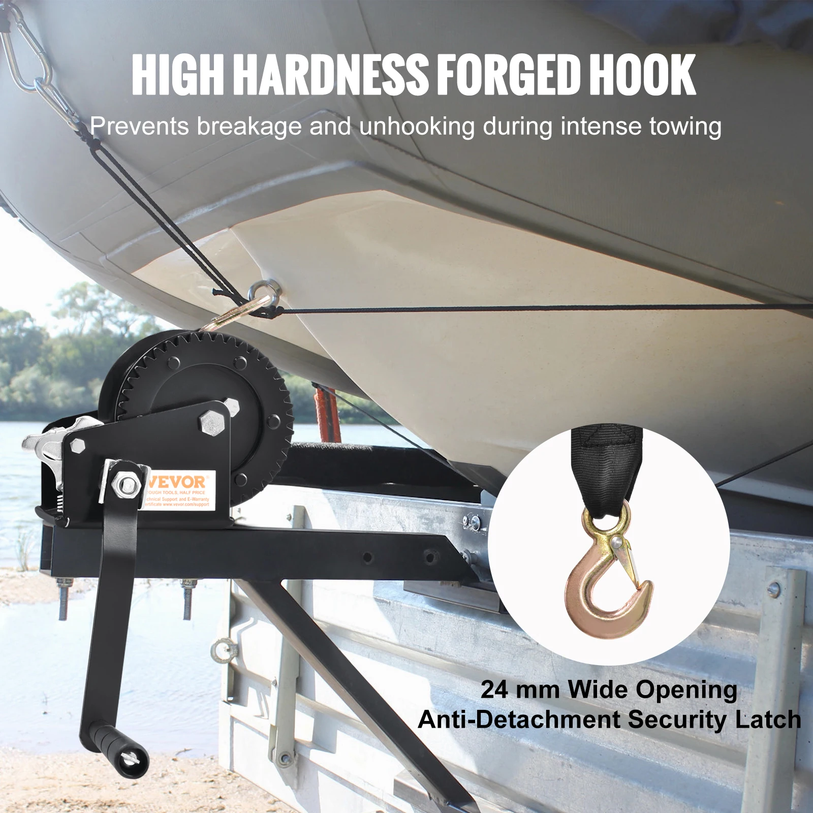 Manual Winch VEVOR Hand Winch Boat Trailer Winch Heavy Duty Rope Crank w/ 23ft Polyester Strap & Two-Way Ratchet Manual Operated Crank Winch