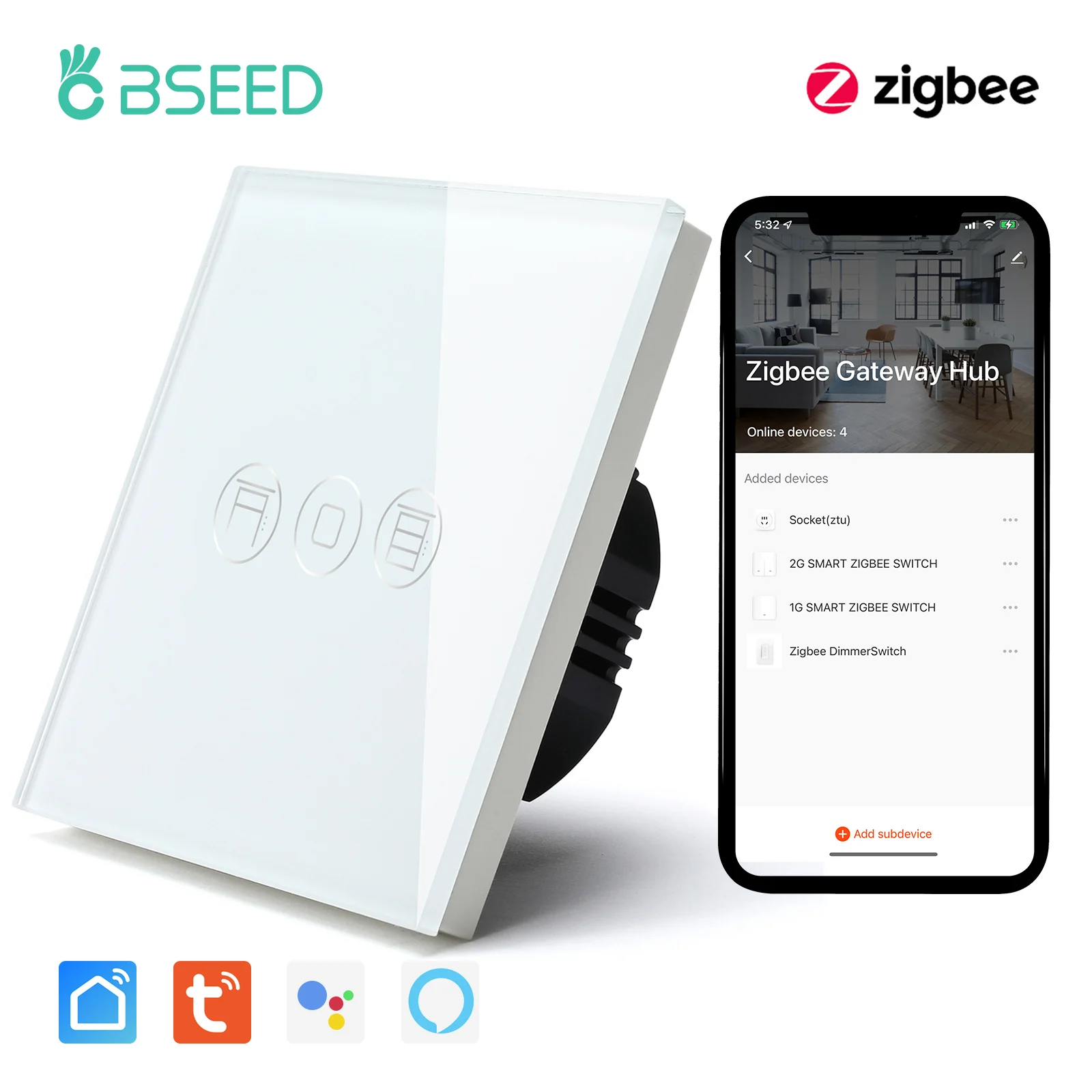 Bseed Zigbee Rolo Interruptor do Obturador Cortinas Inteligente Painel de Vidro Tuya Vida Inteligente Google Alexa Controle Voz Azul Backlight 5a