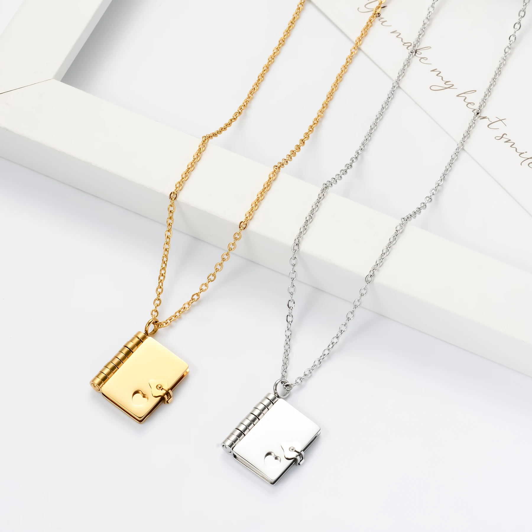 New Fashion Stainless Steel Book Pendant Necklaces for Women Men Waterproof Unisex Lovers Jewelry Length 20inch 2