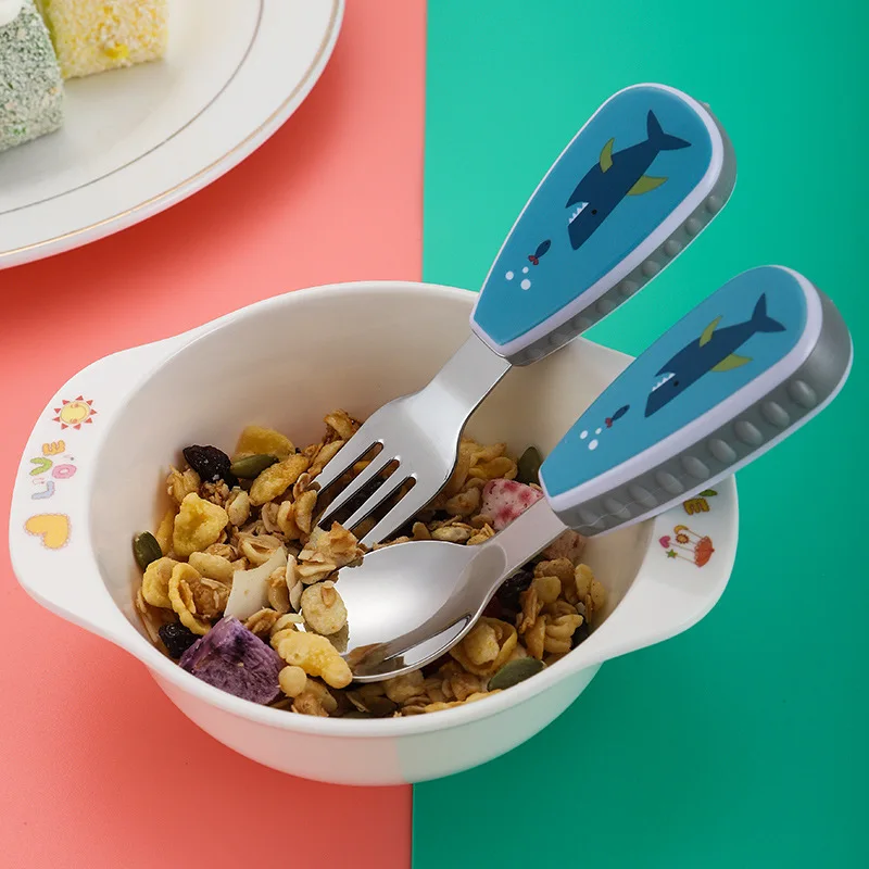 

Toddler Stainless Steel Cutlery Set Cute Cartoon Pattern Cutlery Baby Feeding Spoons and Forks Learn To Eat Baby Gadgets Cutlery