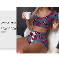 2026 Summer Casual Lips Print Women Sleepwear Pajamas Set Top Pants Skinny Homewear Underwear - Image 6