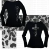 Gothic Leopard Print Cross Printing Women Long Sleeve Tee Casual Slim Fit Sexy Chic Emo Girl Top Y2K Harajuku Vintage Streetwear