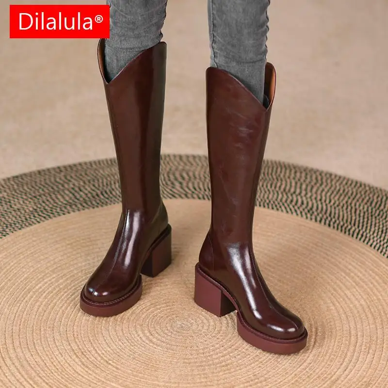 

Dilalula Back Zipper Retro Classic Women Knee-High Boots Platforms Genuine Leather Thick Heels Casual Shoes Woman Autumn Winter