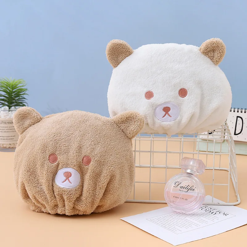 2pc Cartoon Bear Children's Dry Hair Cap Soft Absorbent Girls' Coral Fleece Elastic Band Dry Hair Towel Baby Care