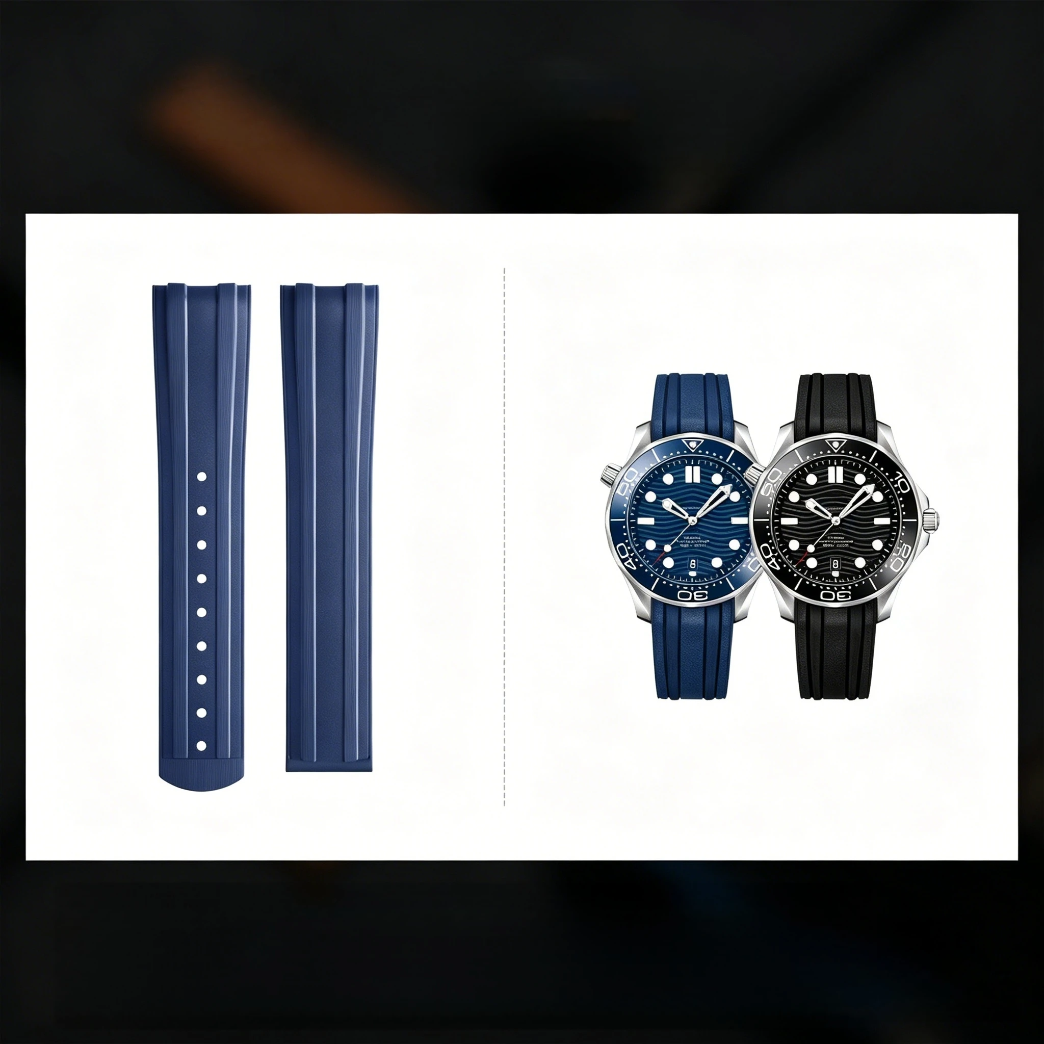 Omega Seamaster High-Quality Curved End 20mm FKM Rubber Watch Band with Original Extended Buckle