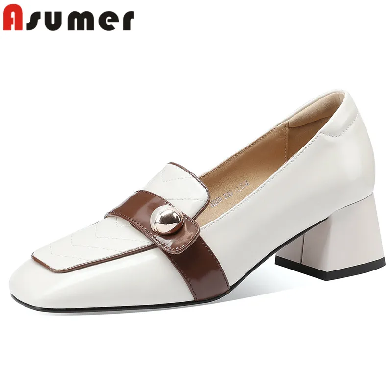 

ASUMER 2023 New Ladies Shallow Dress Pumps Genuine Leather Slip On Shoes Woman Mixed Colors Square Med Heels Shoes