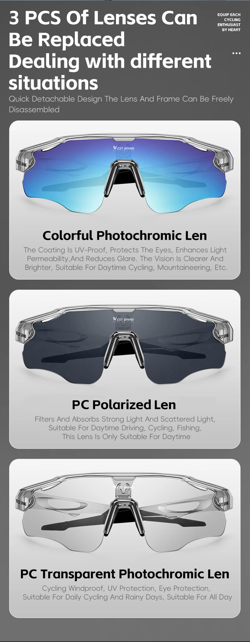 WEST BIKING Photochrome/polarisierte/bunte Fahrrad-Sonnenbrillen-Set, 3-Linsen, austauschbare Fahrradbrille, TR90-Rennradbrille – Detail 6