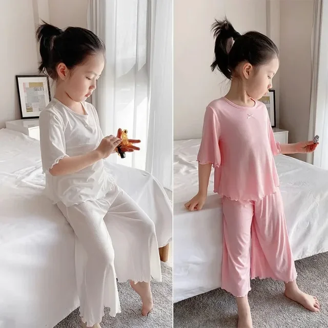 Ensembles d'été pour filles, ensemble fin à manches courtes pour enfants, vêtements de maison pour filles, pyjama de couleur Pure 1