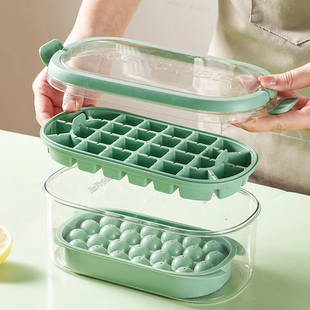 Ice Cube Trays Set, The Press Ice Grid- Silicone Ice Cube Tray With Lid &  Bin - Perfect For Freezer, Whiskey & Cocktails - Easy Release & Space  Saving - 2 Trays