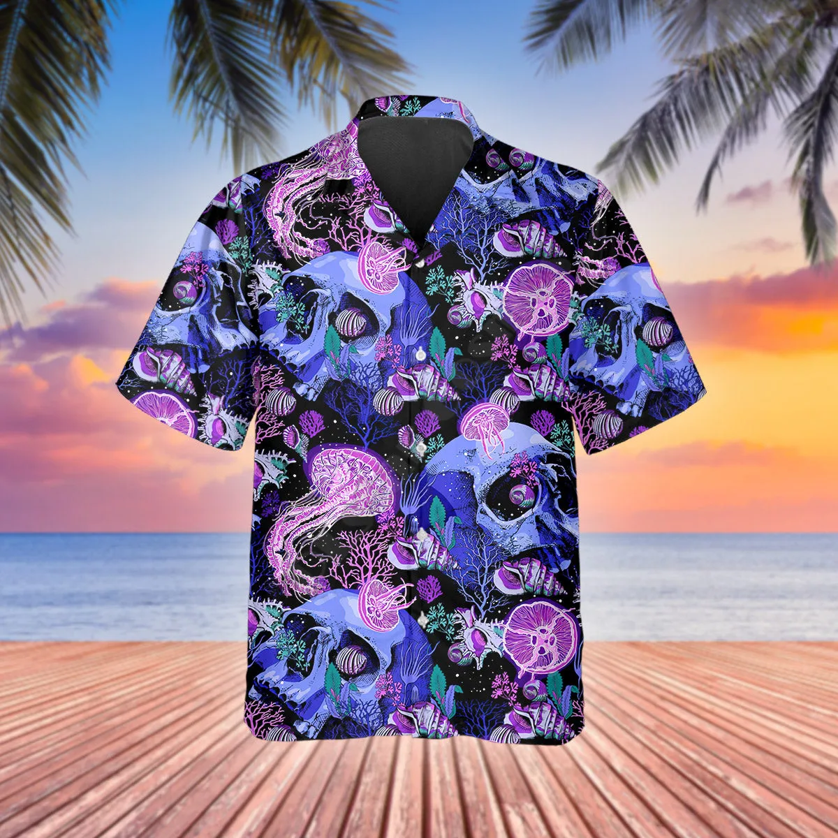 3D Printed Purple Jellyfish Skull Hawaiian Shirt Summer Short Sleeved Shirts Men Shirts Oversize Camisa Social 5XL