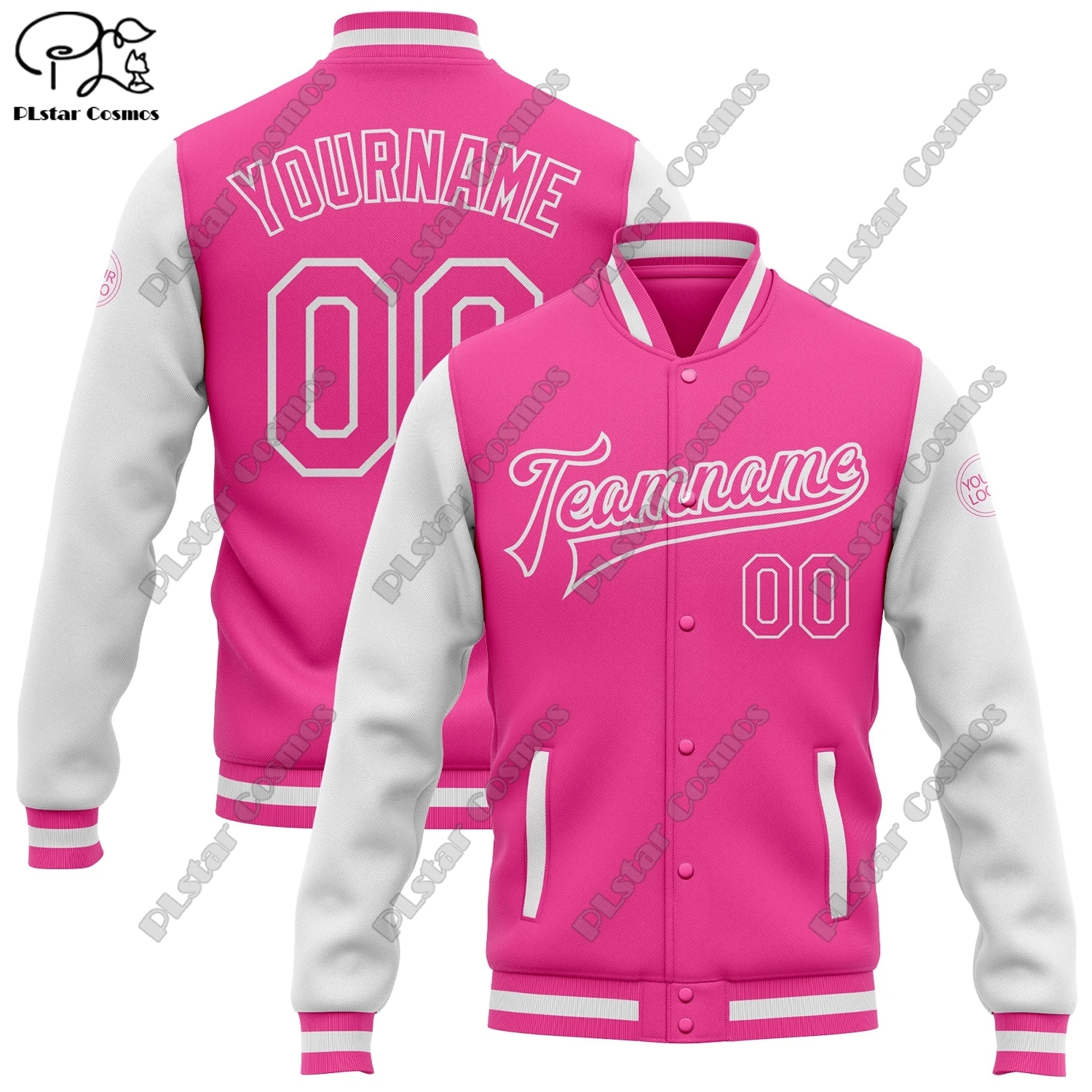 

3D Printing Custom Name Classic Pink Two-Tone Sleeve Full Snap Jackets Unisex Winter New Arrivals