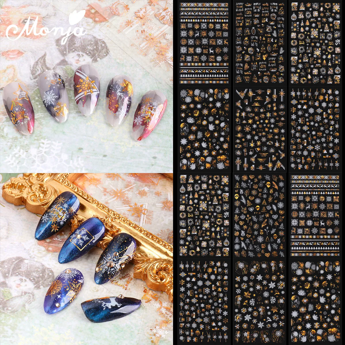 Monja Nail Art White Laser Gold Christmas Series Adesivi Autoadesivi Snowflake Xmas Tree Decalcomanie Per Unghie Decorazione Manicure Fai Da Te