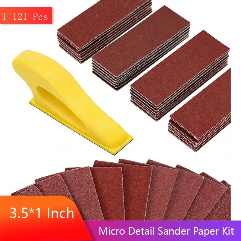 3,5*1 Zoll Mikro-Detail-Schleifpapier-Set 60-2000 Körnung 1-121 Stück Handschleifblock mit Klettverschluss Schleifstreifen für Handwerk Holz Metall