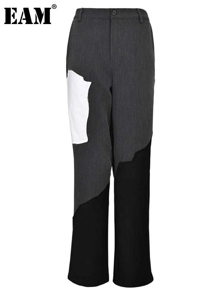 

[EAM] High Waist Gray Color-block Irregular Long Pants New Loose Fit Trousers Women Fashion Tide Spring Autumn 2024 1DF8690