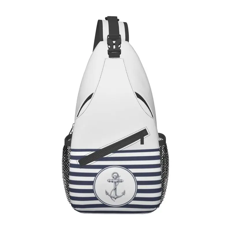 Navy Blue Stripes Nautical Anchor Sling Crossbody Chest Bag Men Fashion Shoulder Backpack for Camping Biking