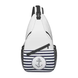 Navy Blue Stripes Nautical Anchor Sling Crossbody Chest Bag Men Fashion Shoulder Backpack for Camping Biking