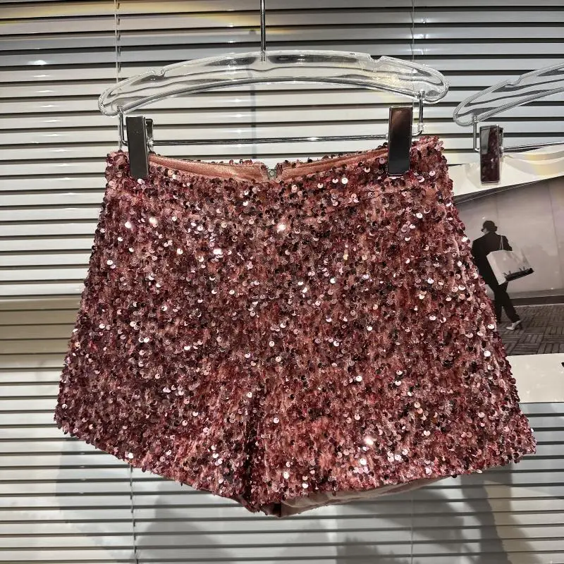 

Club Sexy Colored Sequins Shiny Heavy Zipper Night Three-Way High Waist Shorts Hot Pants Party Clothes 2023 Summer