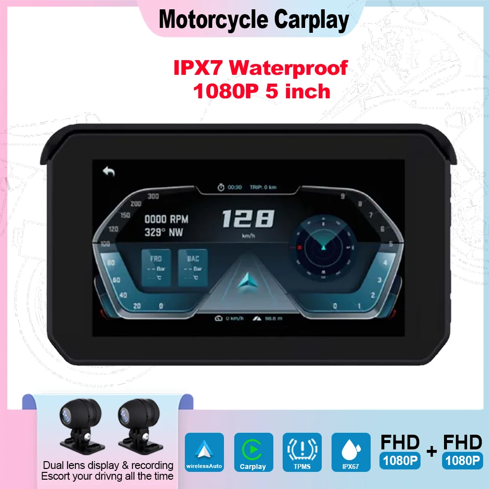 Fengshida Android Auto Wireless Apple Carplay 5 Pollici Moto Display Impermeabile Moto Tpms Dash Cam Wifi Navigazione Gps