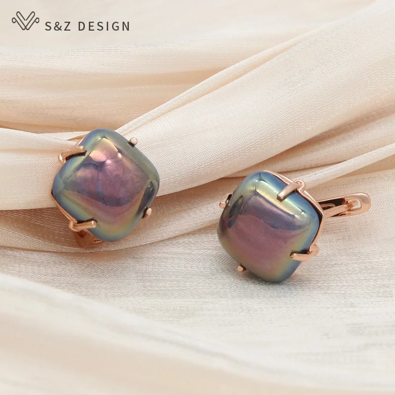 S&Z DESIGN New Fashion Elegant 585 Rose Gold Color Square Colorful Dangle Earrings For Women Girl Luxury Wedding Party Jewelry