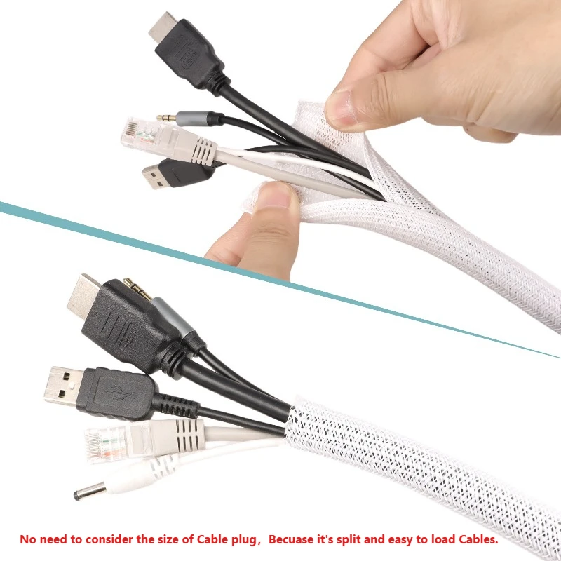 White Self Closed Cable Sleeve 3 5 8 10 13 16 19 25mm PET Braided Insulated USB Wire Power Cord High Protection Split Sleeving
