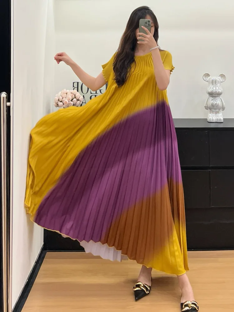 LANMREM Colorblock Spliced Pleated Women's Dress 2025 New High-End Design Elegant Temperament Short Sleeve Dresses Chic 2DB3574 - Image 4