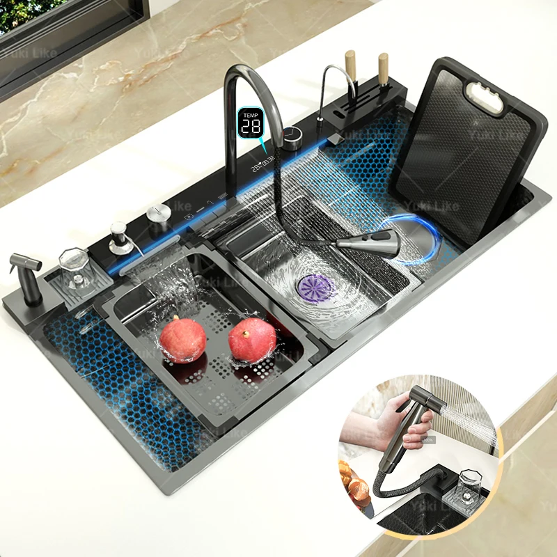 100x50cm Stainless Steel Waterfall Kitchen Sink Golden Extra Large Single Slot Modern Digital Display Dishwashing Sinks