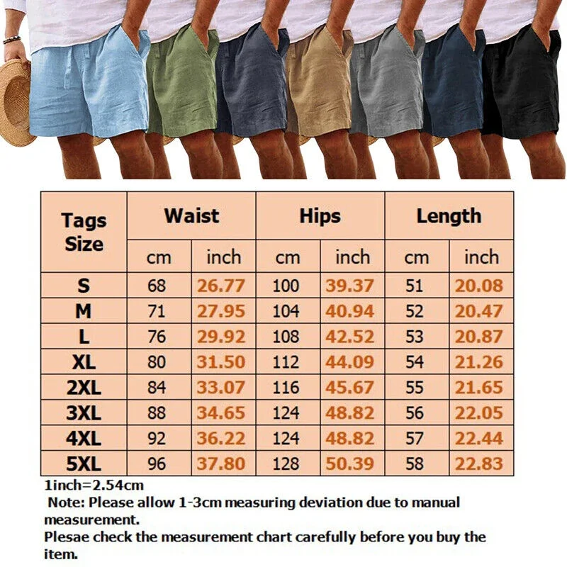 Summer Men's Casual Shorts Linen Cotton Breathable Solid Color Drawstring Elastic Waist Straight Five Pants Daily Beach Shorts