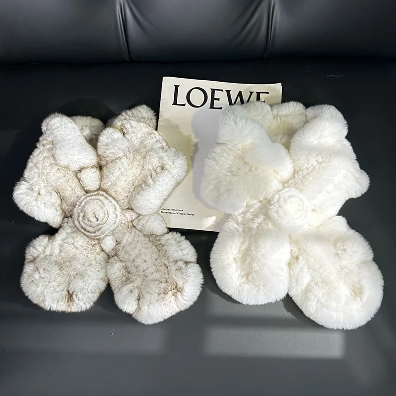 Doppelseitig gestrickter echter Rex-Kaninchenfell-Schal für Damen, handgefertigt, gerüscht, für den Winter, warm, modisch, flauschiger Wickel – Detail 24