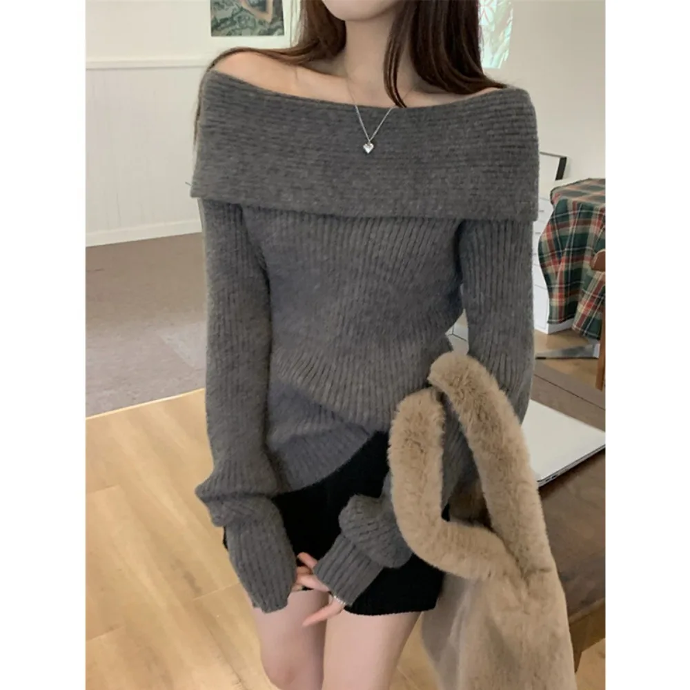 2024 Sexy White Flat-neck Sweater Base with Feminine Collarbone Off-the-shoulder Sweater for Slimming Out Wear 4
