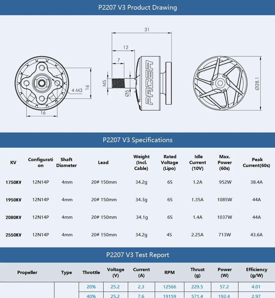 4pcs T-motor, P2207 V3 Specifications Weight Rated Idle Max: Configurati Shaft