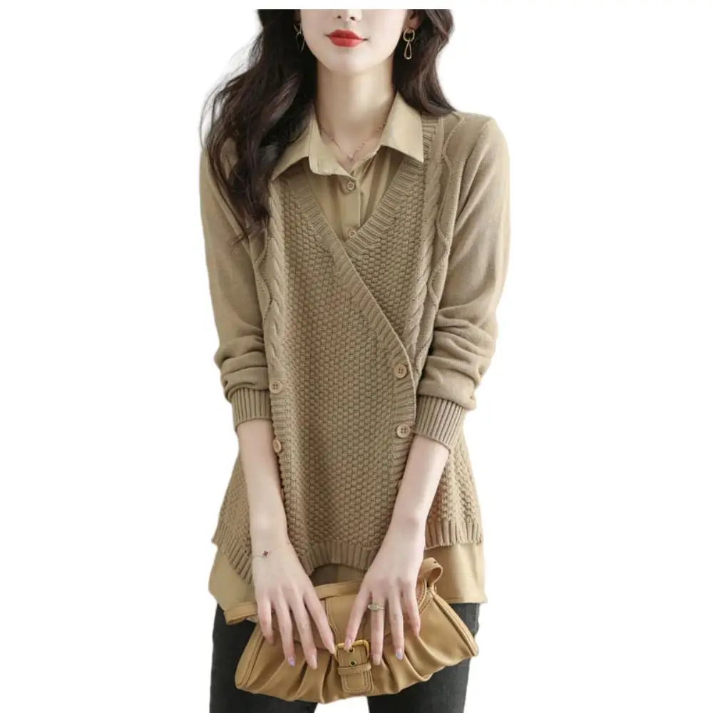 

2023 New Loose Cardigan Lady Fashion Style Shirt Collar Sweater Women Fake Two Tops Female Autumn Long Knitwear