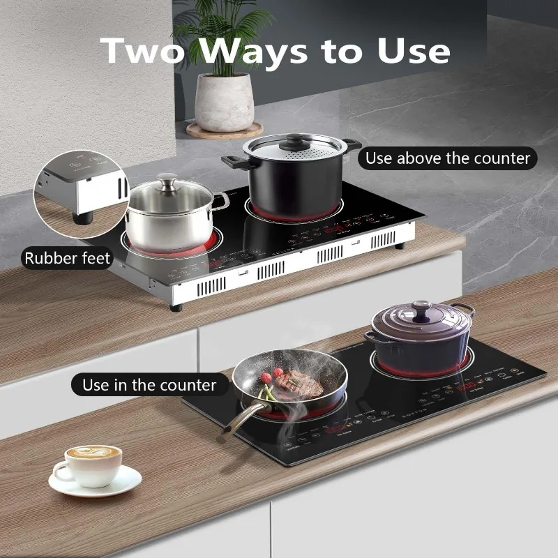 Burners Electric Cooktop Built-in & Countertop Stove Two Burner Ceramic Cooktop with Child Safety Lock Timer Touch SensorControl 4
