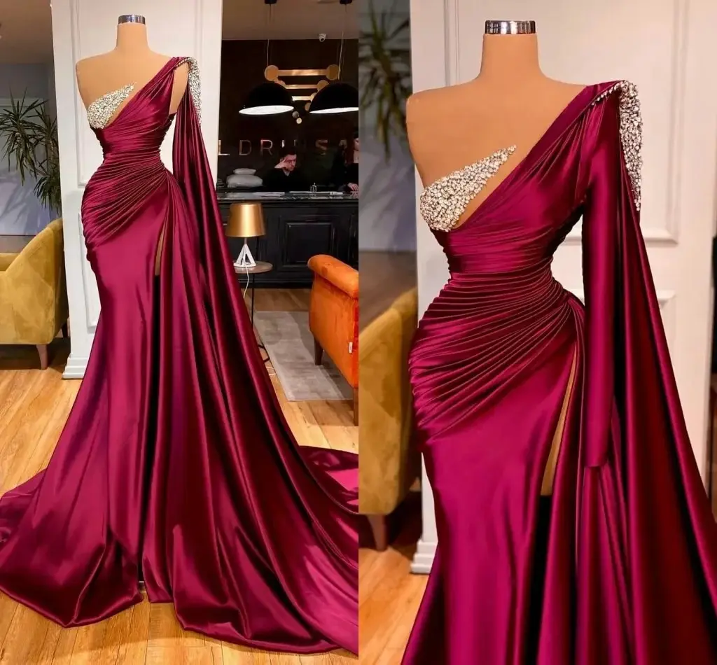 

Burgundy Mermaid Evening Dress One Shoulder Beads Pleats Side Split Formal Prom Gowns Party Wear Arabic Dubai Vestidos De Fieast