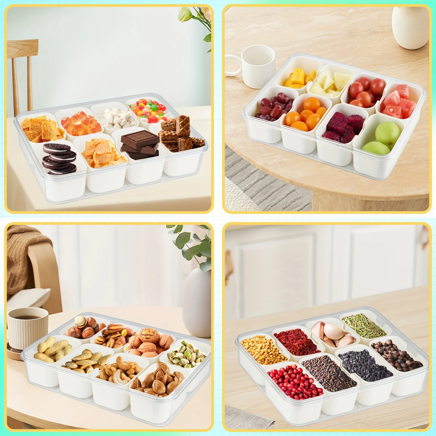 Stackable Plastic Food Serving Tray with Lid 8 Detachable Mini Boxes for Snacks, Salads, and Candy-for Organization