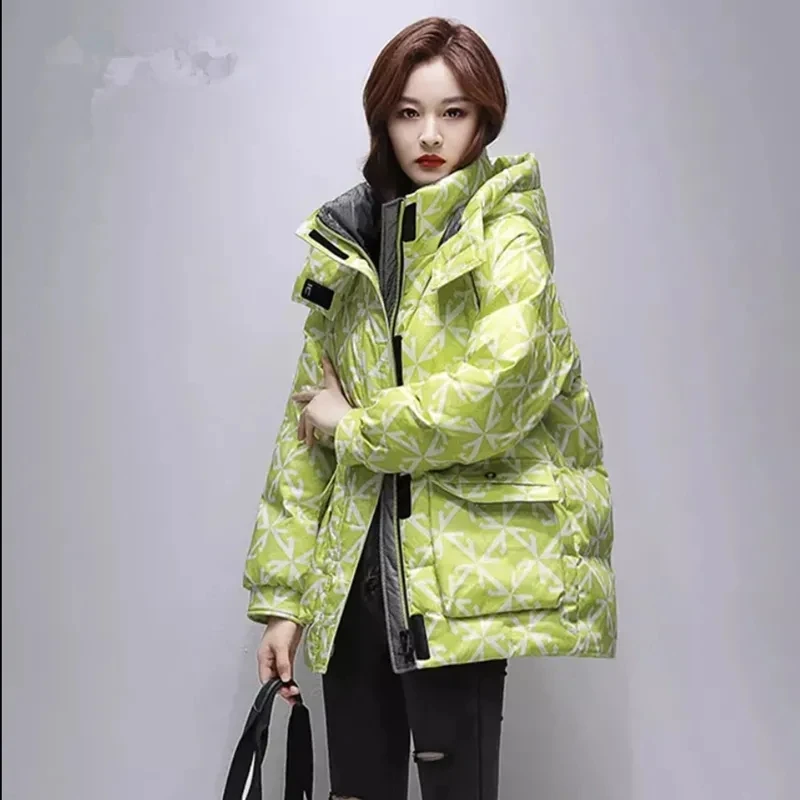 Mid Length Down Cotton Jacket for Women's 2023 Winter New Fashion Loose Fitting Standing Collar Hooded Winter Coat For Women's